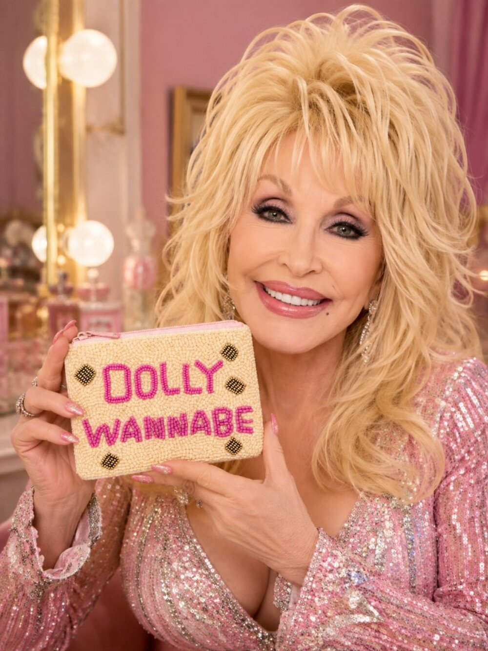 NEW DOLLY PARTON Seed Beaded Larger Style Pom-Pom Zipper Makeup Money Pouch